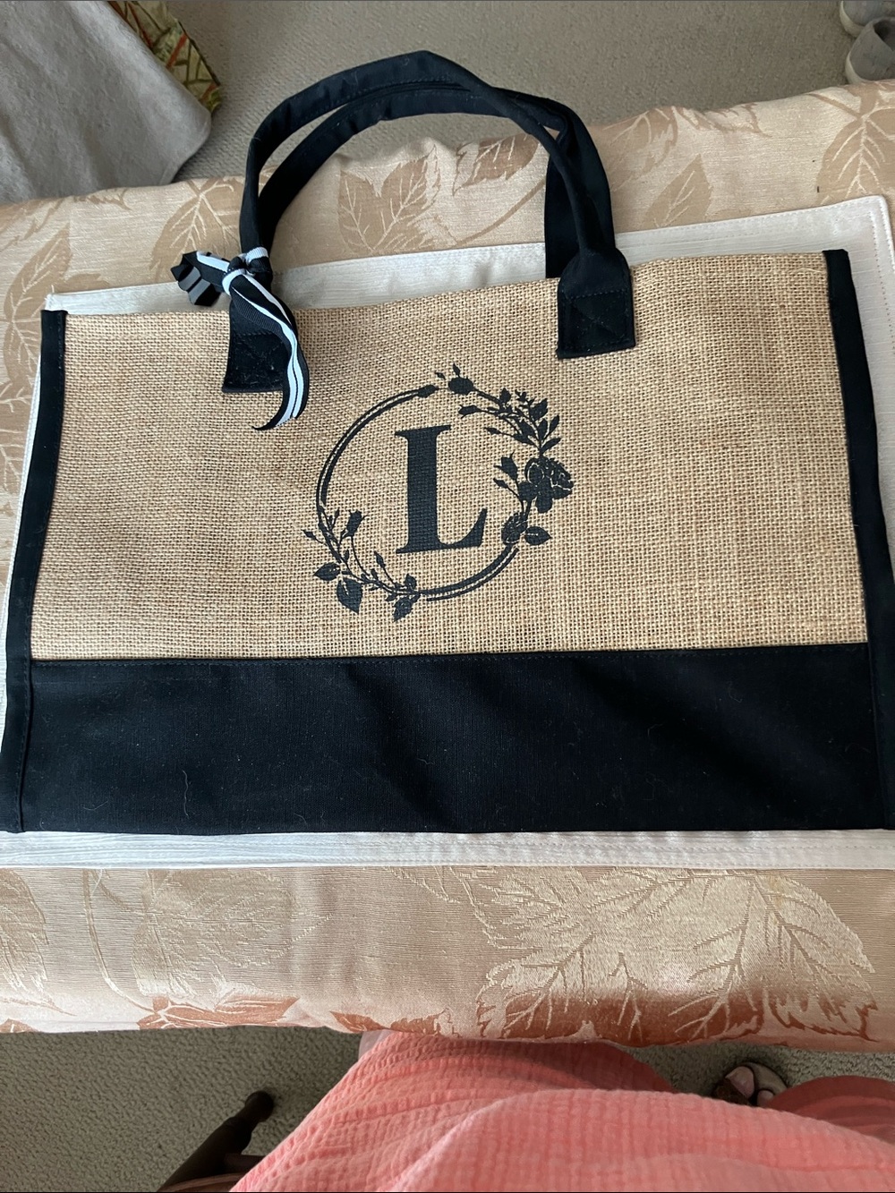 Monogram 'L' Natural and Black Jute Tote Bag